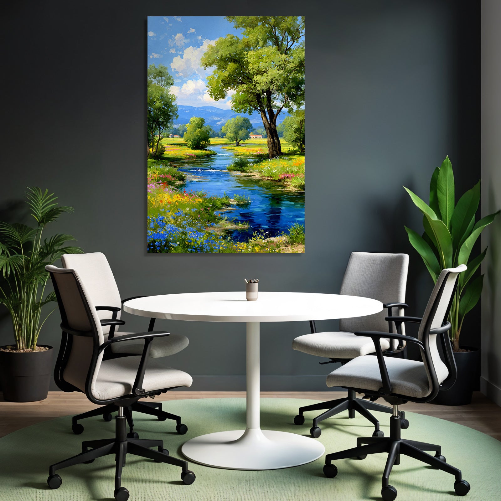 Lebendige Landschaft Fluss Grünhäuser Blumen Himmel Hügel