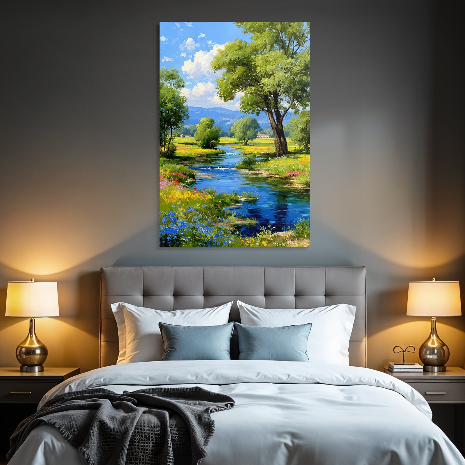 Lebendige Landschaft Fluss Grünhäuser Blumen Himmel Hügel
