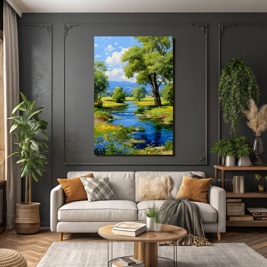 Lebendige Landschaft Fluss Grünhäuser Blumen Himmel Hügel