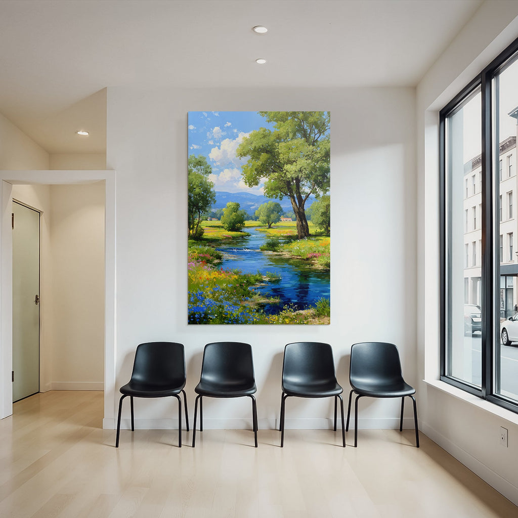 Lebendige Landschaft Fluss Grünhäuser Blumen Himmel Hügel