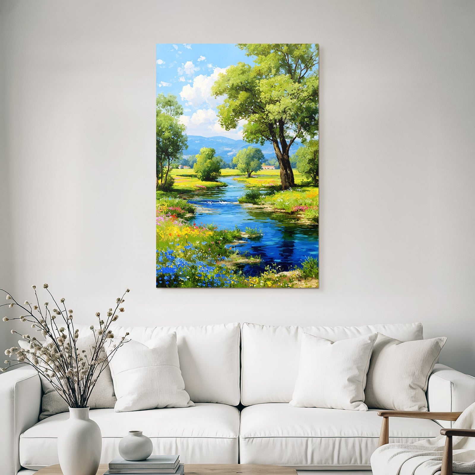 Lebendige Landschaft Fluss Grünhäuser Blumen Himmel Hügel