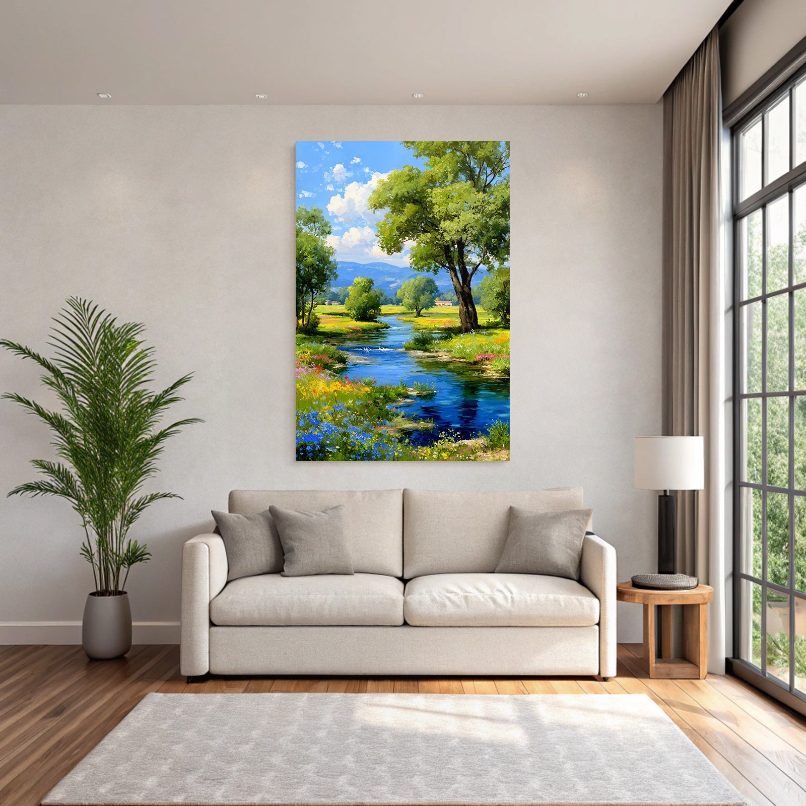 Lebendige Landschaft Fluss Grünhäuser Blumen Himmel Hügel