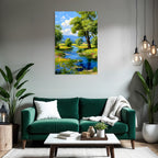Lebendige Landschaft Fluss Grünhäuser Blumen Himmel Hügel