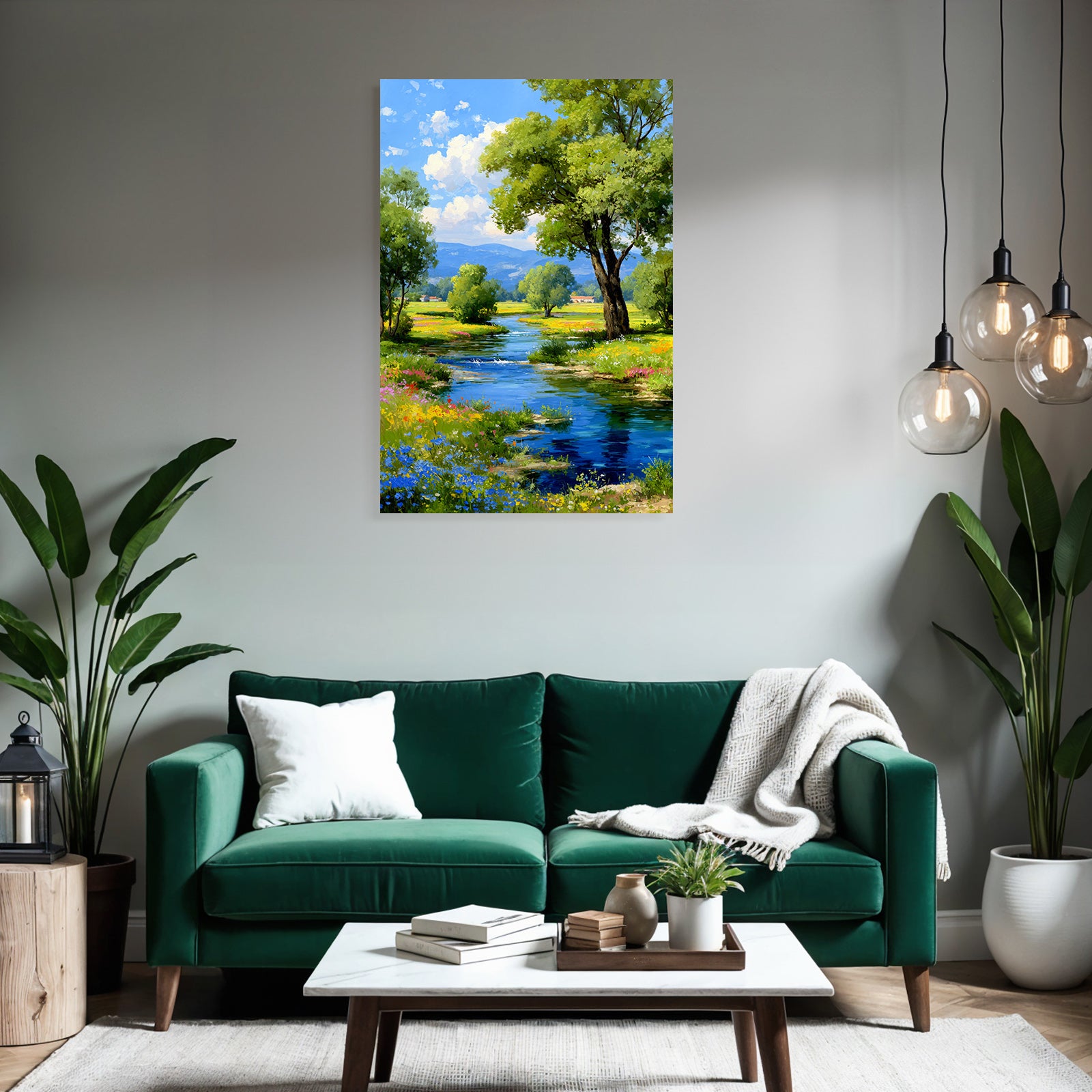Lebendige Landschaft Fluss Grünhäuser Blumen Himmel Hügel