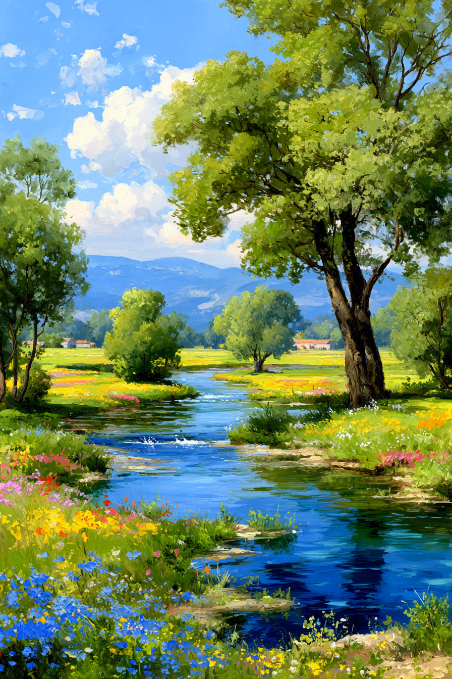 Lebendige Landschaft Fluss Grünhäuser Blumen Himmel Hügel | Sommer | Jahreszeiten