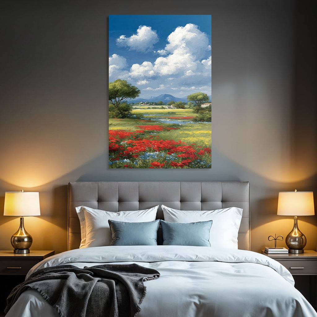 Lebendige Landschaft Grün Schöne Blumen Blaür Himmel Mountain Häuser