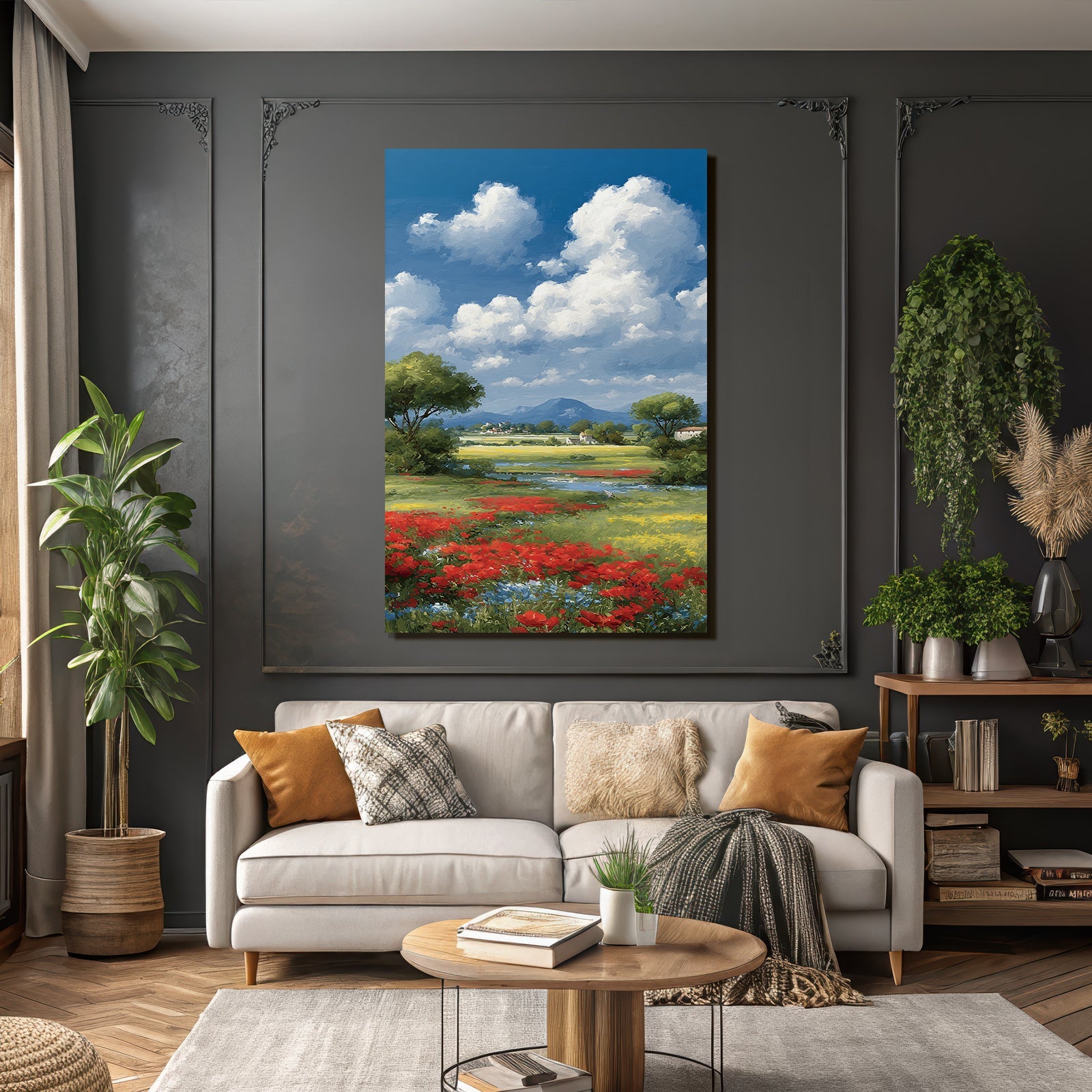 Lebendige Landschaft Grün Schöne Blumen Blaür Himmel Mountain Häuser