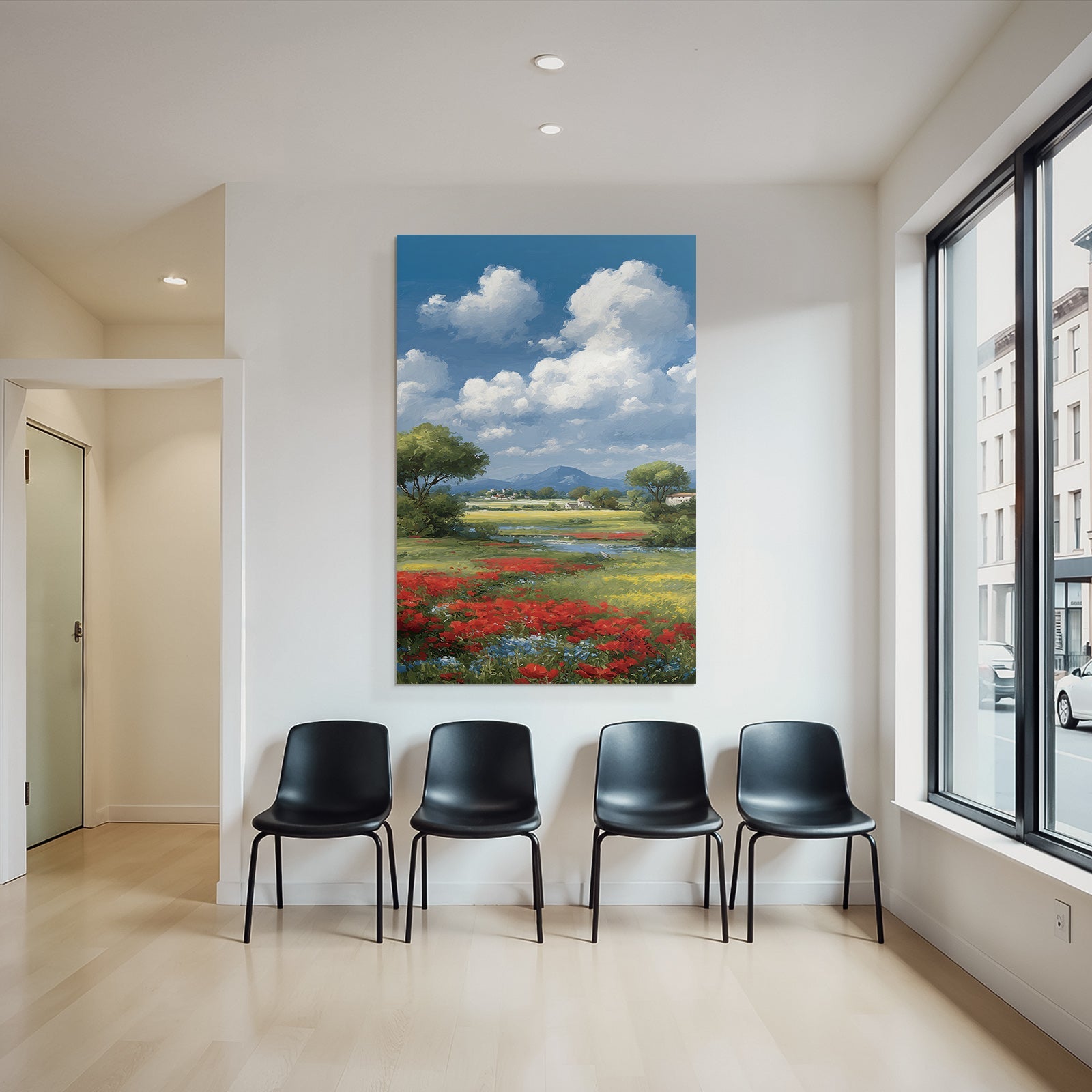 Lebendige Landschaft Grün Schöne Blumen Blaür Himmel Mountain Häuser