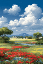 Lebendige Landschaft Grün Schöne Blumen Blaür Himmel Mountain Häuser | Sommer | Jahreszeiten