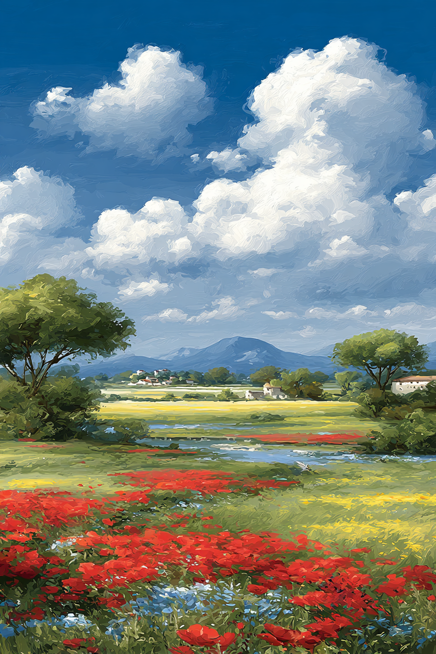 Lebendige Landschaft Grün Schöne Blumen Blaür Himmel Mountain Häuser | Sommer | Jahreszeiten