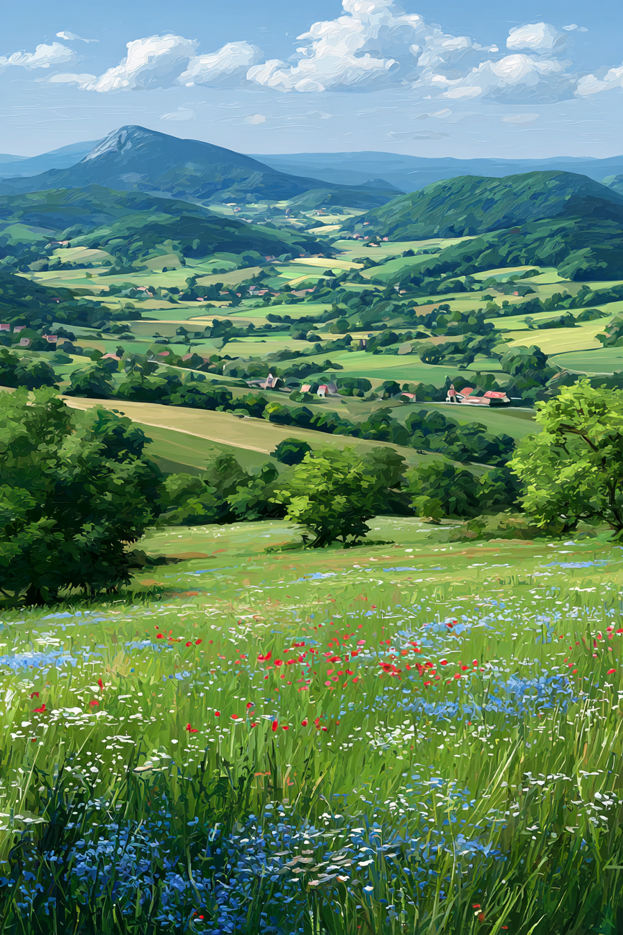 Malerische Landschaft Bergblick Wildblumen Klare Himmel | Sommer | Jahreszeiten