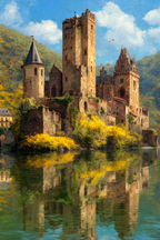 Romantisches Schloss Umgeben Von Bergen Und Wasser Herbstliche Folien | Sommer | Jahreszeiten