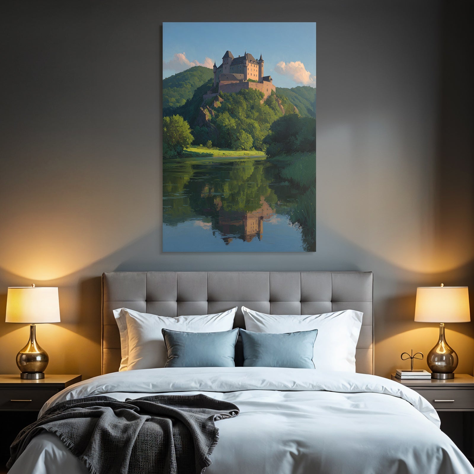 Schloss Auf Hügel Umgeben Von Grün Reflektiert In Wasser