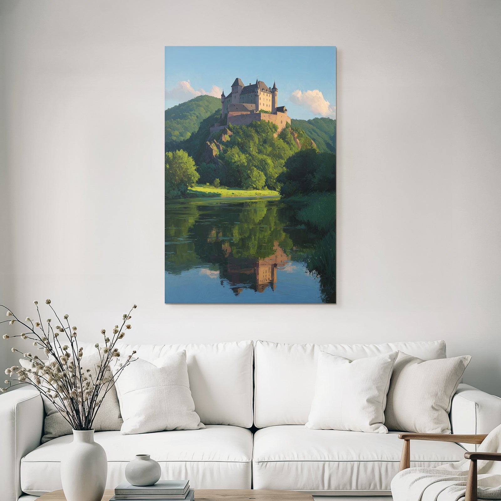 Schloss Auf Hügel Umgeben Von Grün Reflektiert In Wasser