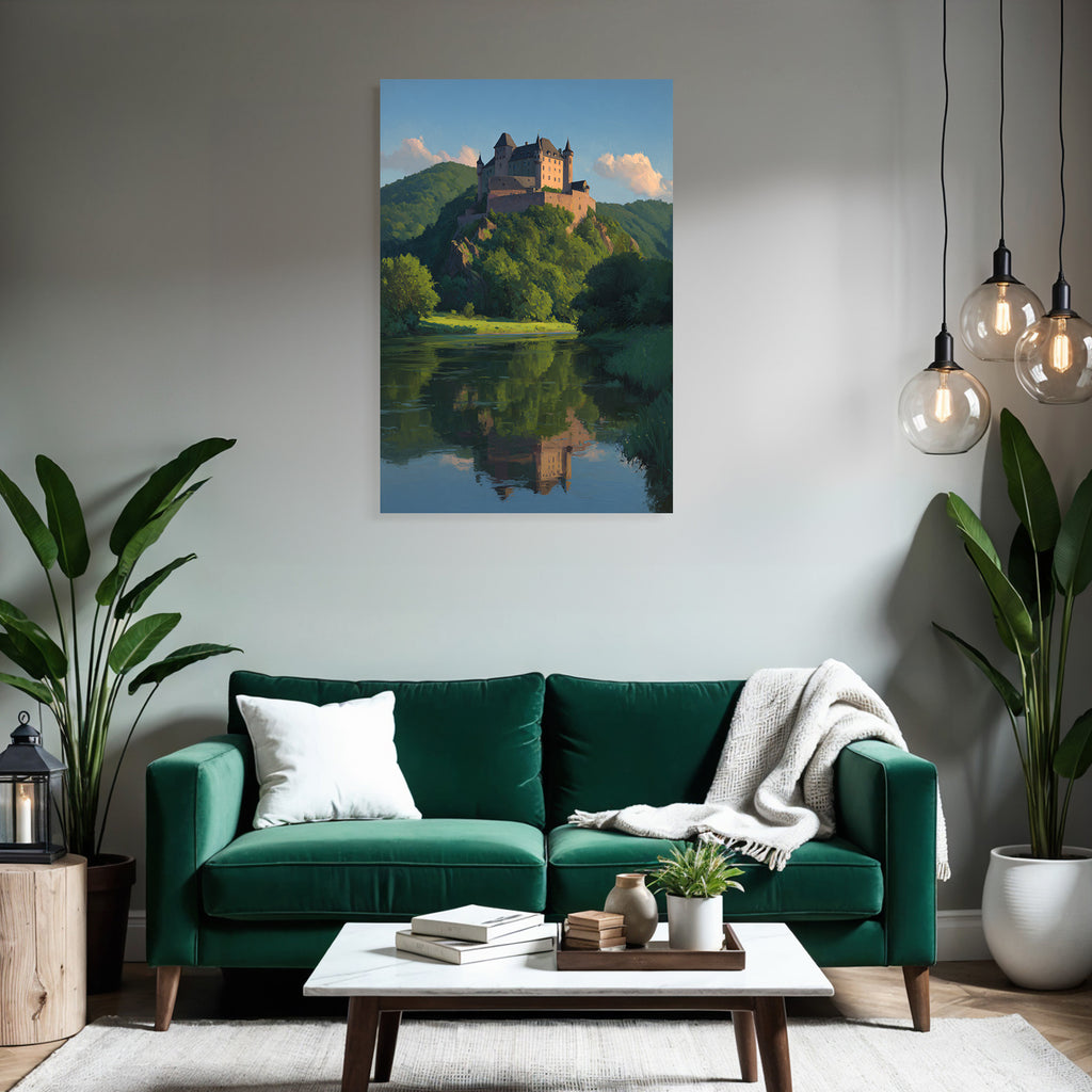 Schloss Auf Hügel Umgeben Von Grün Reflektiert In Wasser