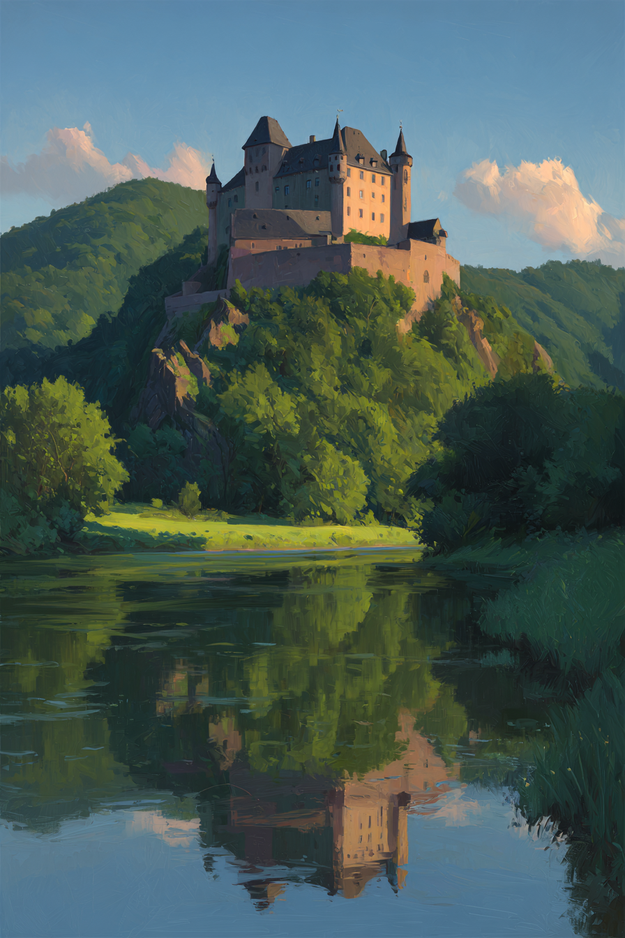 Schloss Auf Hügel Umgeben Von Grün Reflektiert In Wasser | Sommer | Jahreszeiten