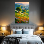 Vibrante Landlandschaft Mit Hügeln Und Blumen Unter Einem Warmen Sonnenuntergang