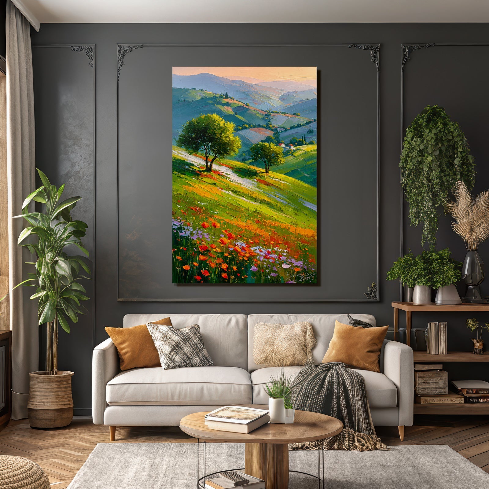 Vibrante Landlandschaft Mit Hügeln Und Blumen Unter Einem Warmen Sonnenuntergang