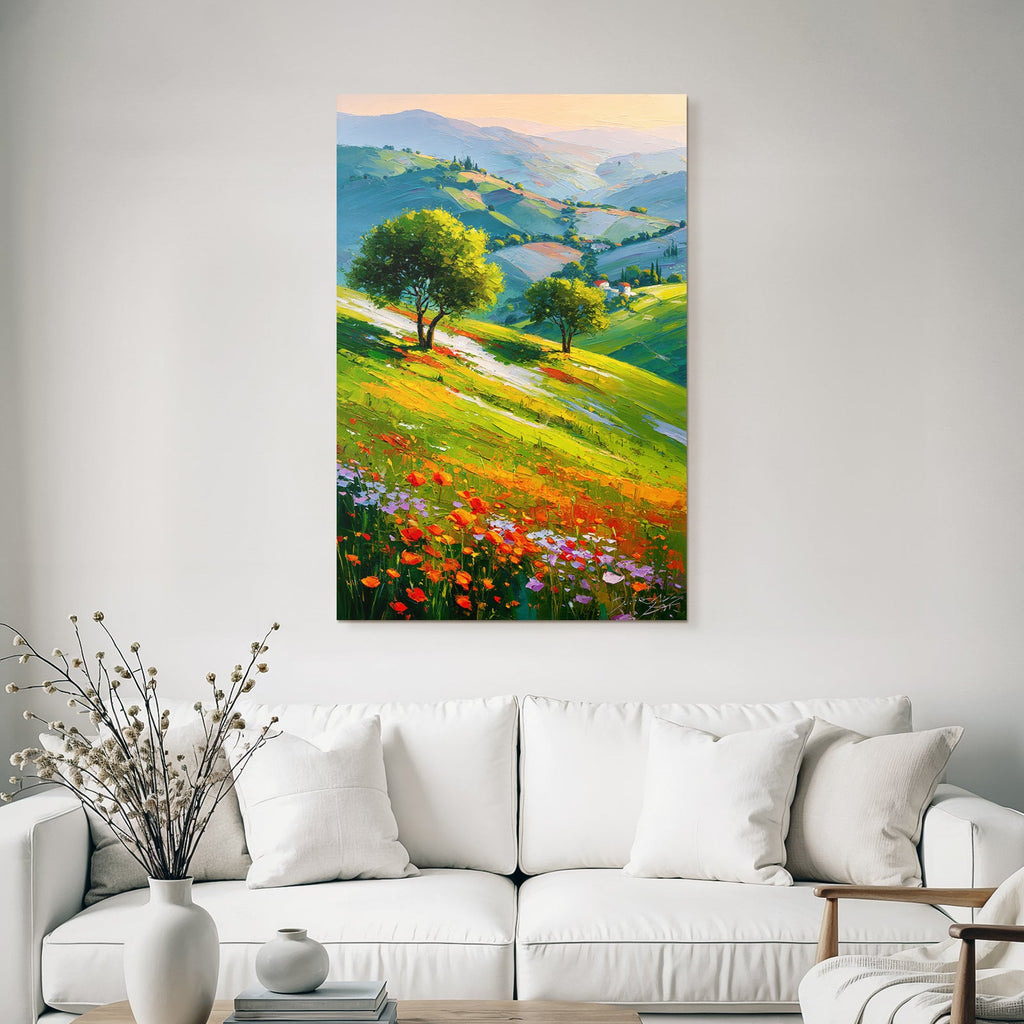 Vibrante Landlandschaft Mit Hügeln Und Blumen Unter Einem Warmen Sonnenuntergang