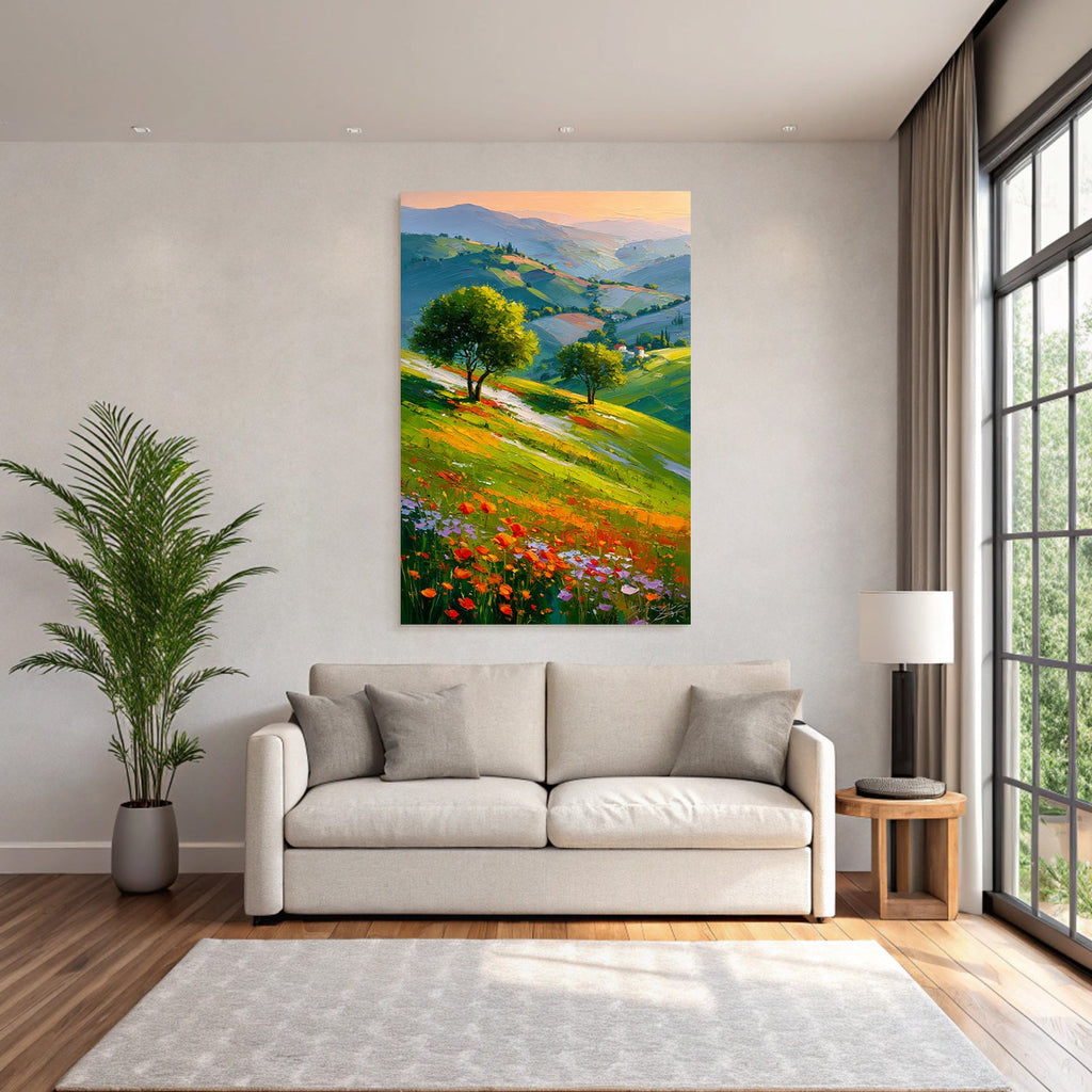 Vibrante Landlandschaft Mit Hügeln Und Blumen Unter Einem Warmen Sonnenuntergang