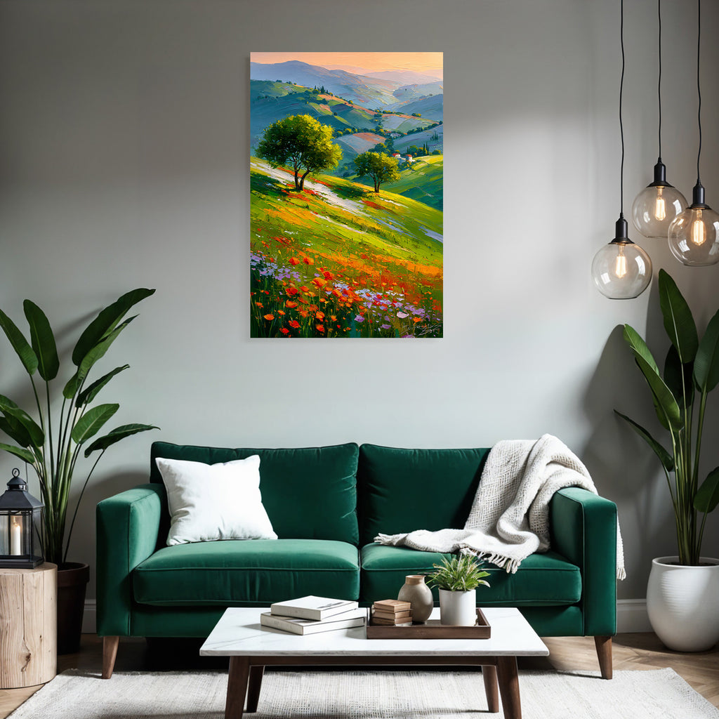 Vibrante Landlandschaft Mit Hügeln Und Blumen Unter Einem Warmen Sonnenuntergang