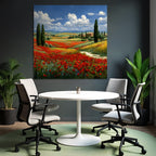 Blumenfeld Mit Roten Mohnblumen Und Hügeln Im Hintergrund