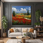 Blumenfeld Mit Roten Mohnblumen Und Hügeln Im Hintergrund