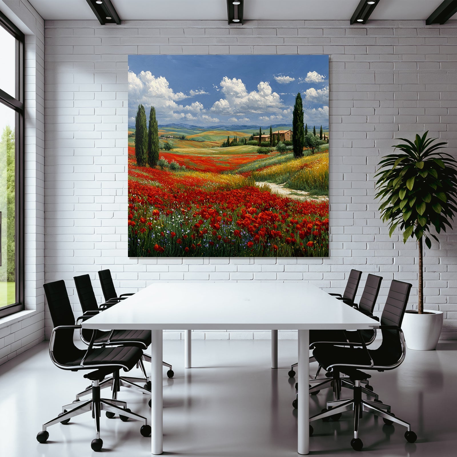 Blumenfeld Mit Roten Mohnblumen Und Hügeln Im Hintergrund
