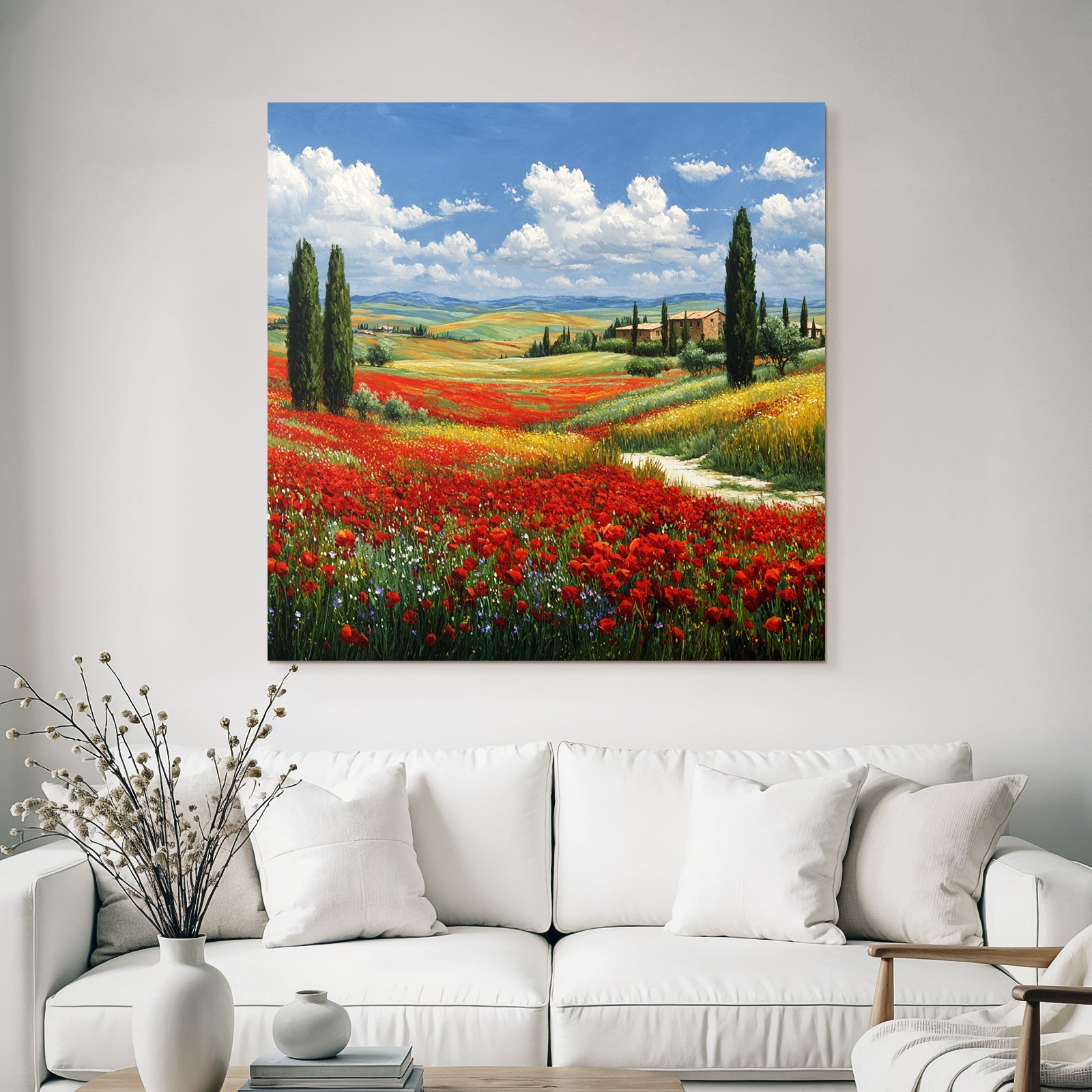 Blumenfeld Mit Roten Mohnblumen Und Hügeln Im Hintergrund