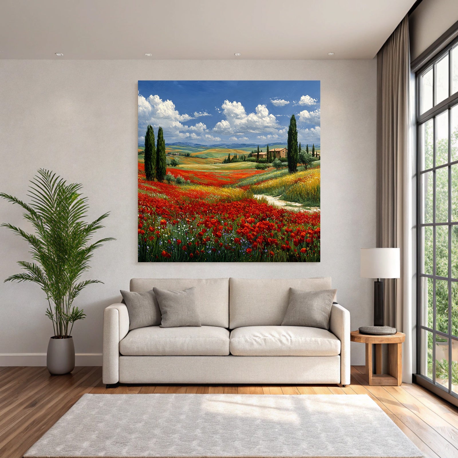 Blumenfeld Mit Roten Mohnblumen Und Hügeln Im Hintergrund
