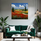 Blumenfeld Mit Roten Mohnblumen Und Hügeln Im Hintergrund