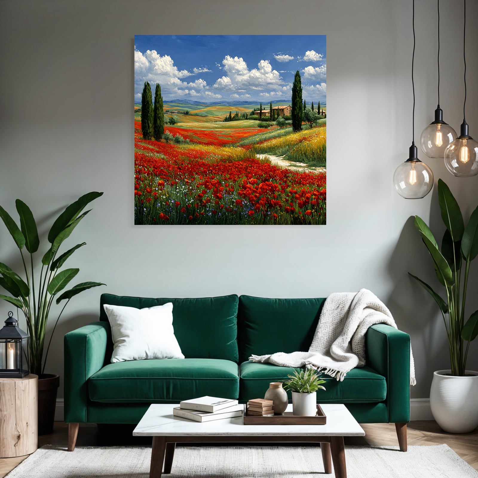 Blumenfeld Mit Roten Mohnblumen Und Hügeln Im Hintergrund