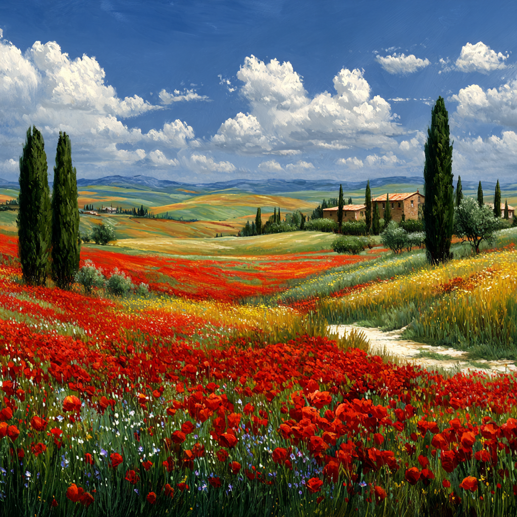 Blumenfeld Mit Roten Mohnblumen Und Hügeln Im Hintergrund | Sommer | Jahreszeiten