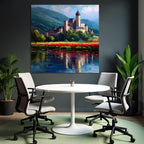 Burg Auf Hügel Mit Blumen Und Bergspiegelung Impressionismus