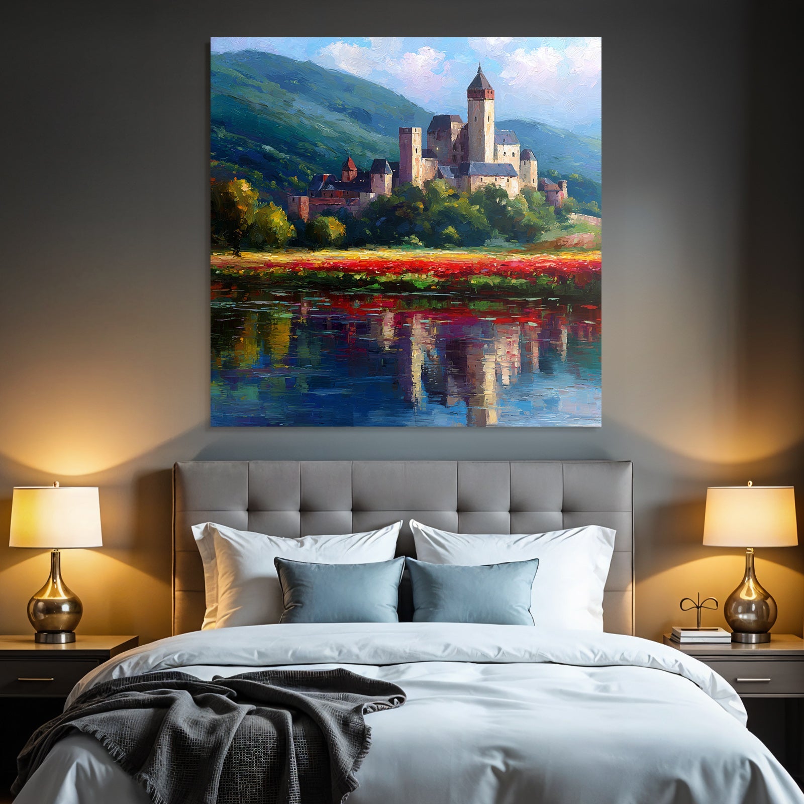 Burg Auf Hügel Mit Blumen Und Bergspiegelung Impressionismus