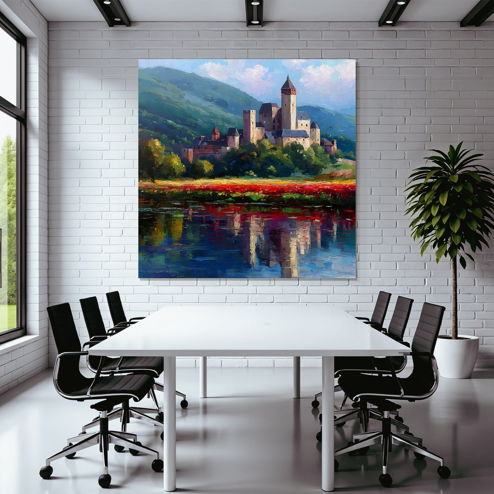 Burg Auf Hügel Mit Blumen Und Bergspiegelung Impressionismus