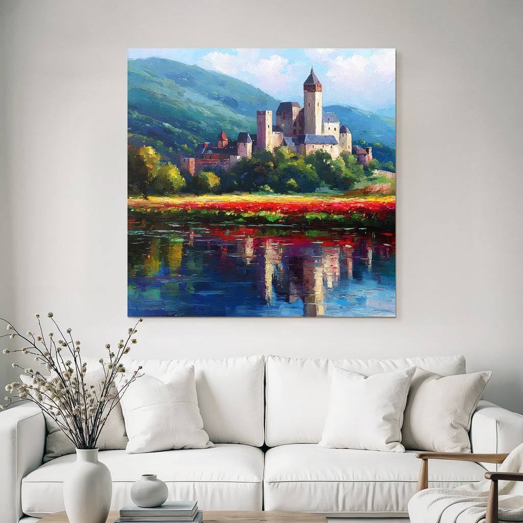 Burg Auf Hügel Mit Blumen Und Bergspiegelung Impressionismus