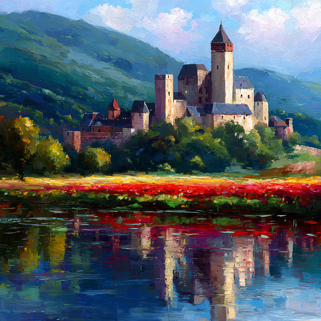 Burg Auf Hügel Mit Blumen Und Bergspiegelung Impressionismus | Sommer | Jahreszeiten