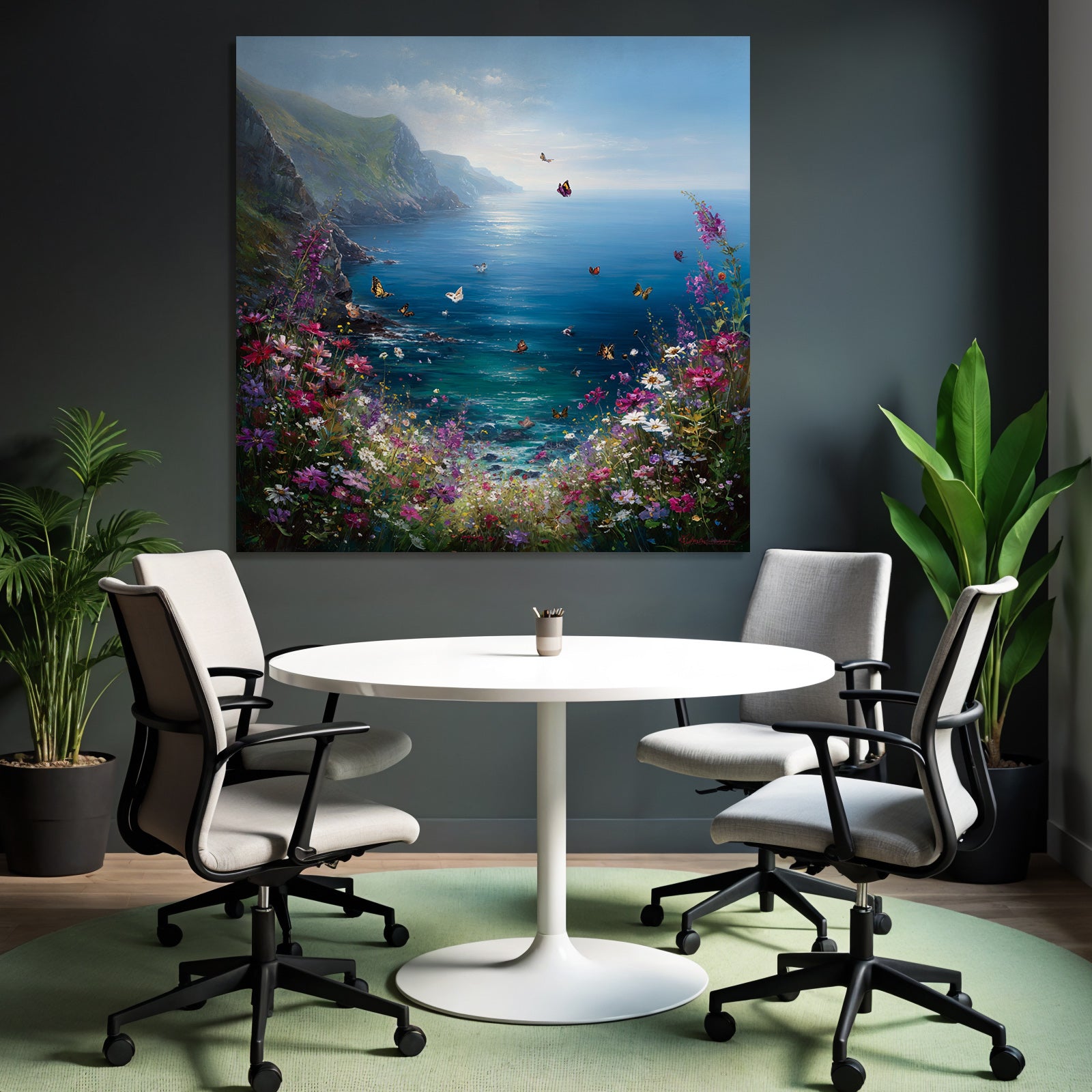 Friedliche Küstenlandschaft Mit Blumen Und Schmetterlingen