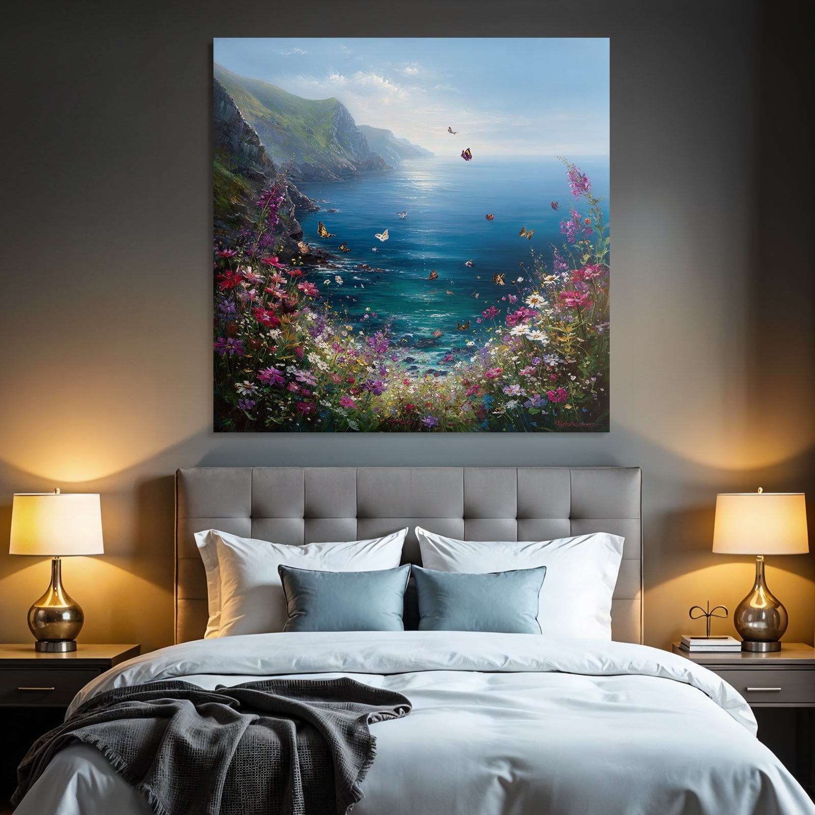 Friedliche Küstenlandschaft Mit Blumen Und Schmetterlingen