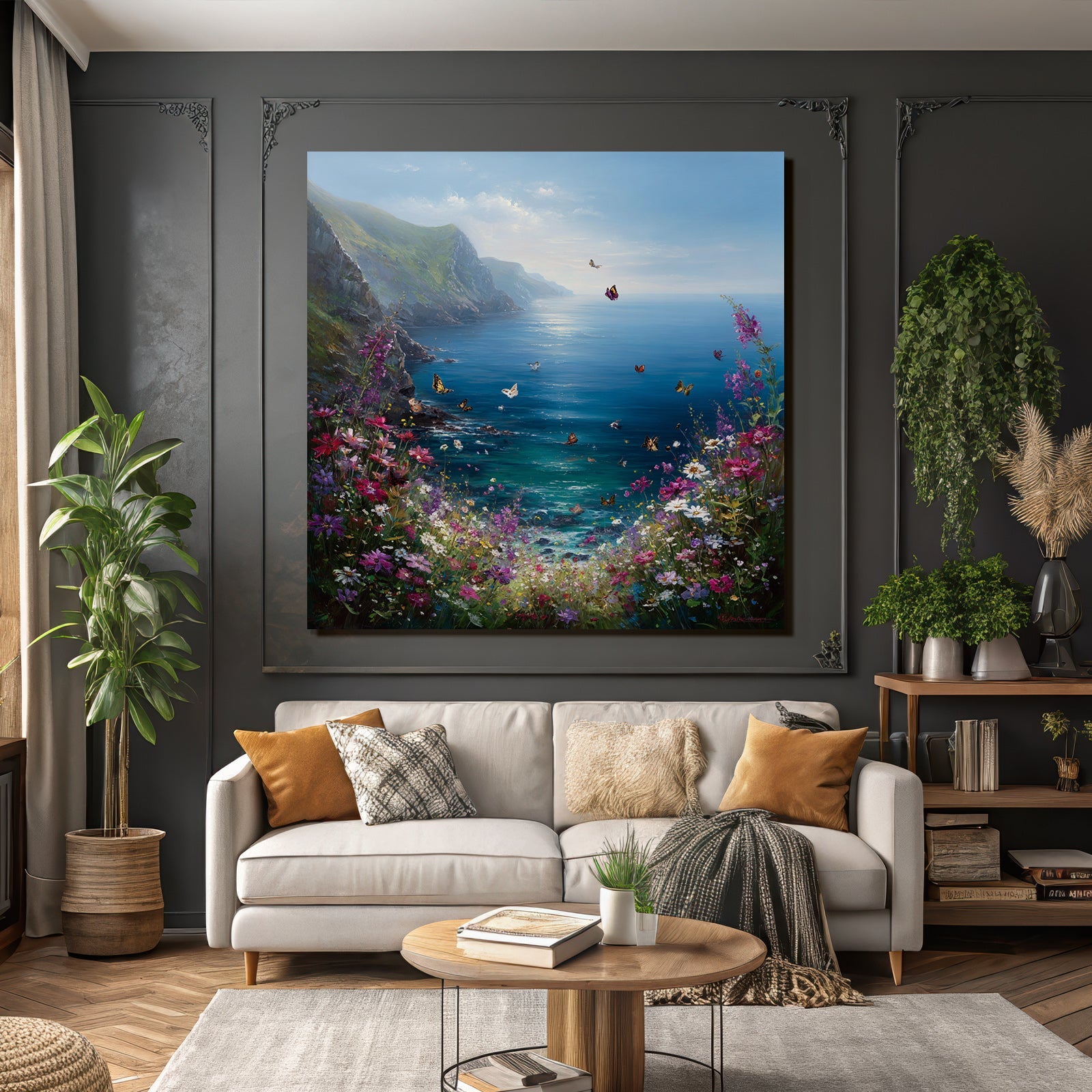 Friedliche Küstenlandschaft Mit Blumen Und Schmetterlingen