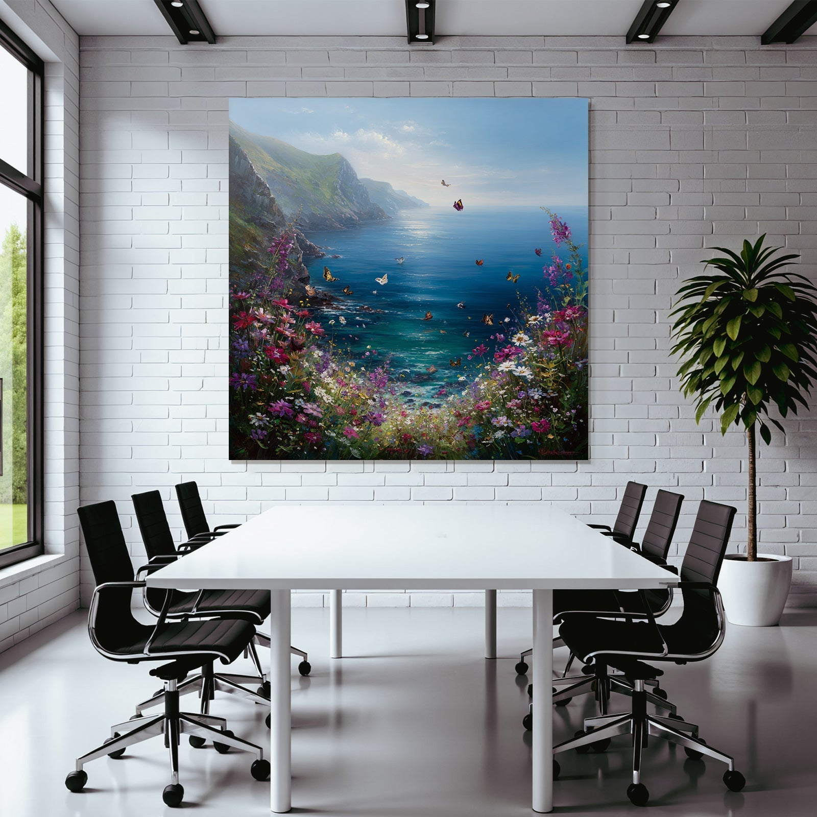 Friedliche Küstenlandschaft Mit Blumen Und Schmetterlingen