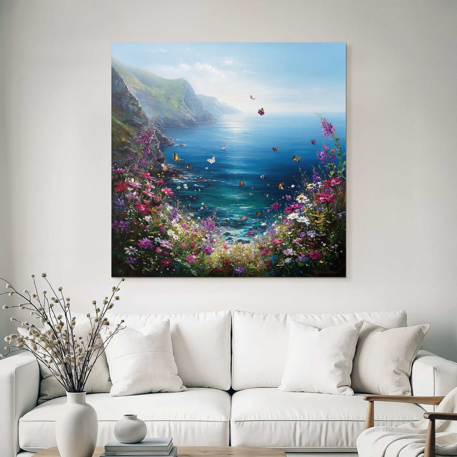 Friedliche Küstenlandschaft Mit Blumen Und Schmetterlingen