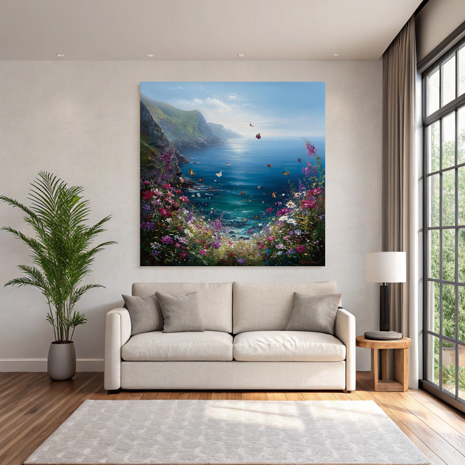 Friedliche Küstenlandschaft Mit Blumen Und Schmetterlingen