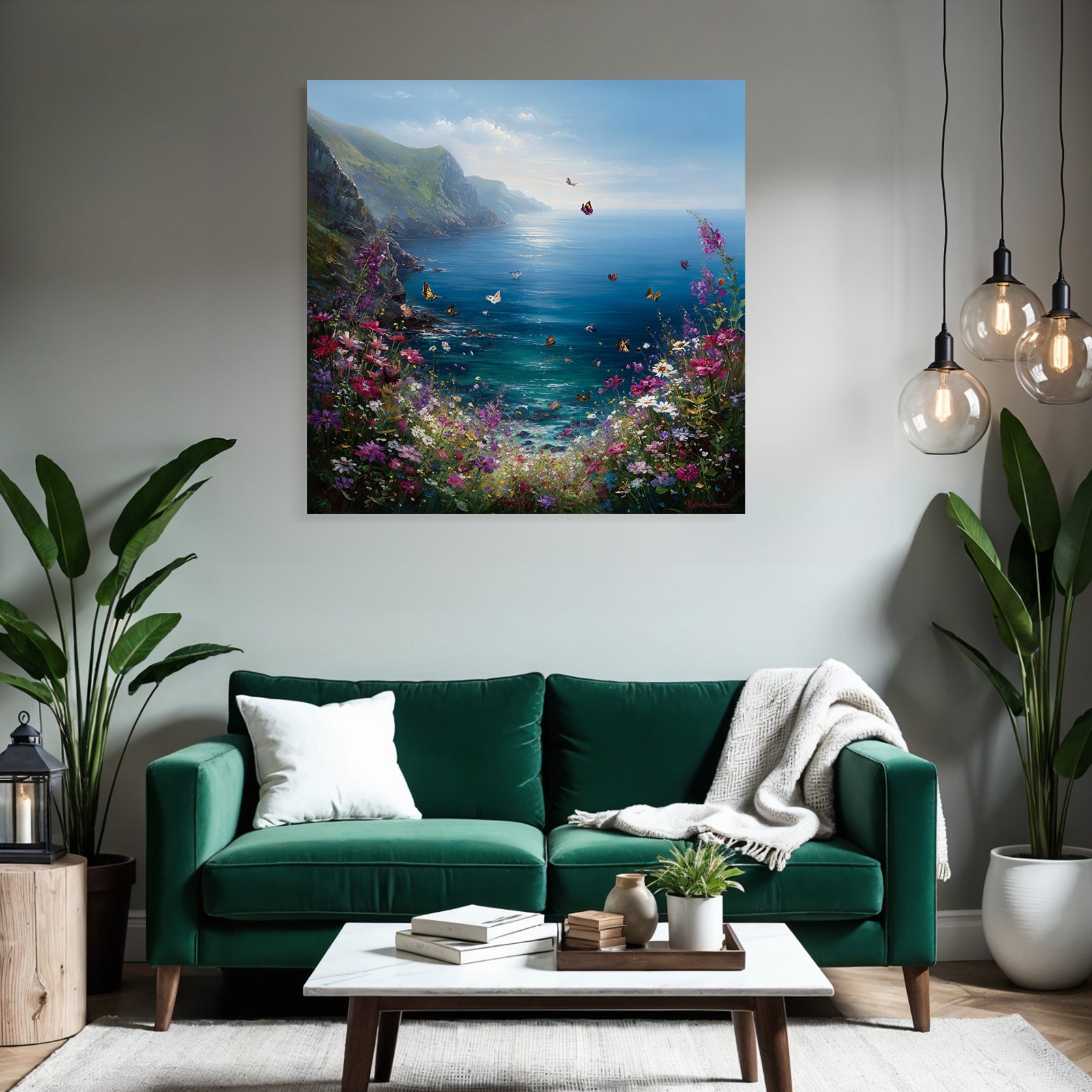 Friedliche Küstenlandschaft Mit Blumen Und Schmetterlingen