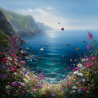 Friedliche Küstenlandschaft Mit Blumen Und Schmetterlingen | Sommer | Jahreszeiten