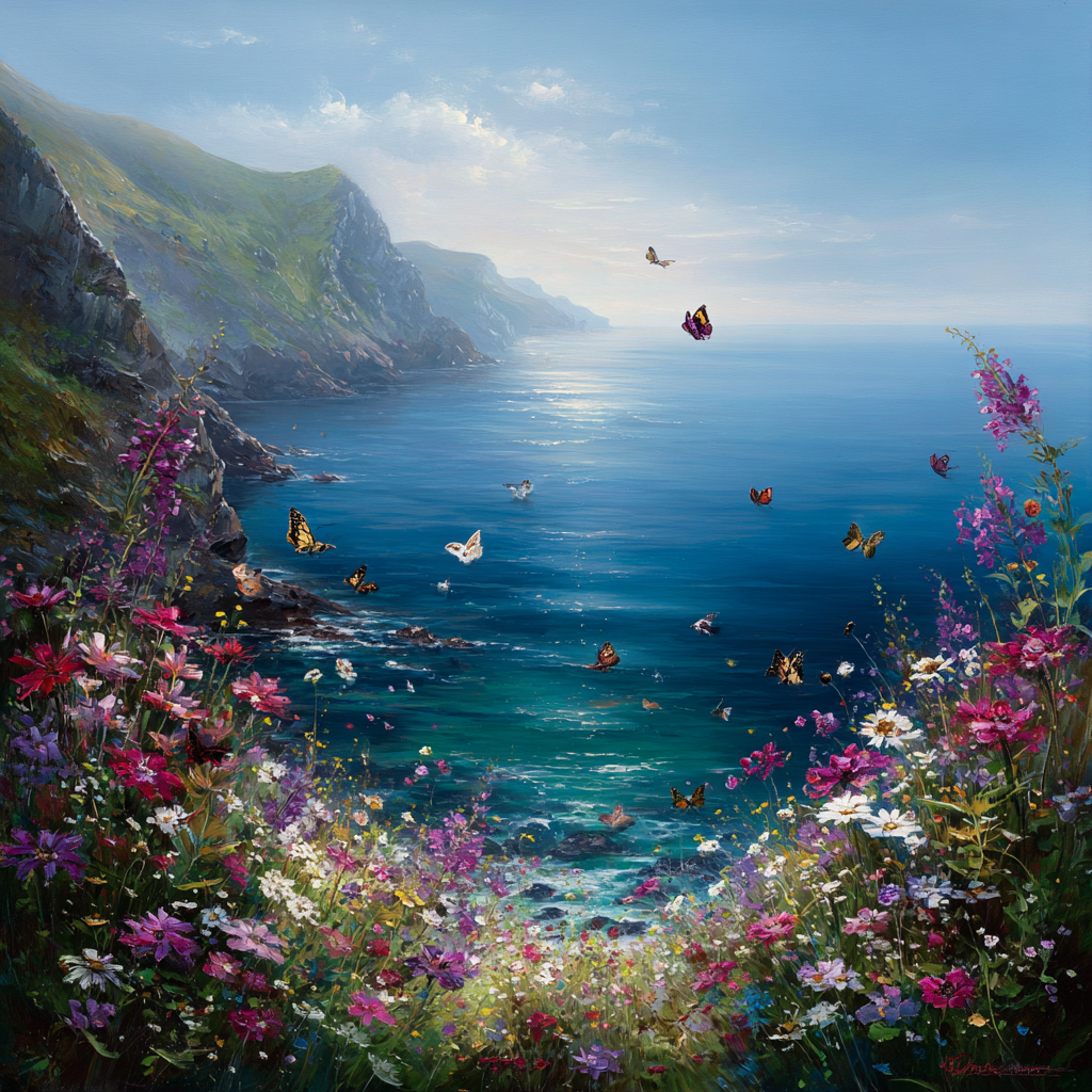 Friedliche Küstenlandschaft Mit Blumen Und Schmetterlingen | Sommer | Jahreszeiten