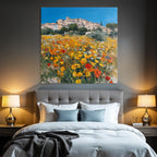 Lebendige Landschaft Impressionistische Malerei Blumen Wiese Dorf Himmel