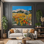 Lebendige Landschaft Impressionistische Malerei Blumen Wiese Dorf Himmel