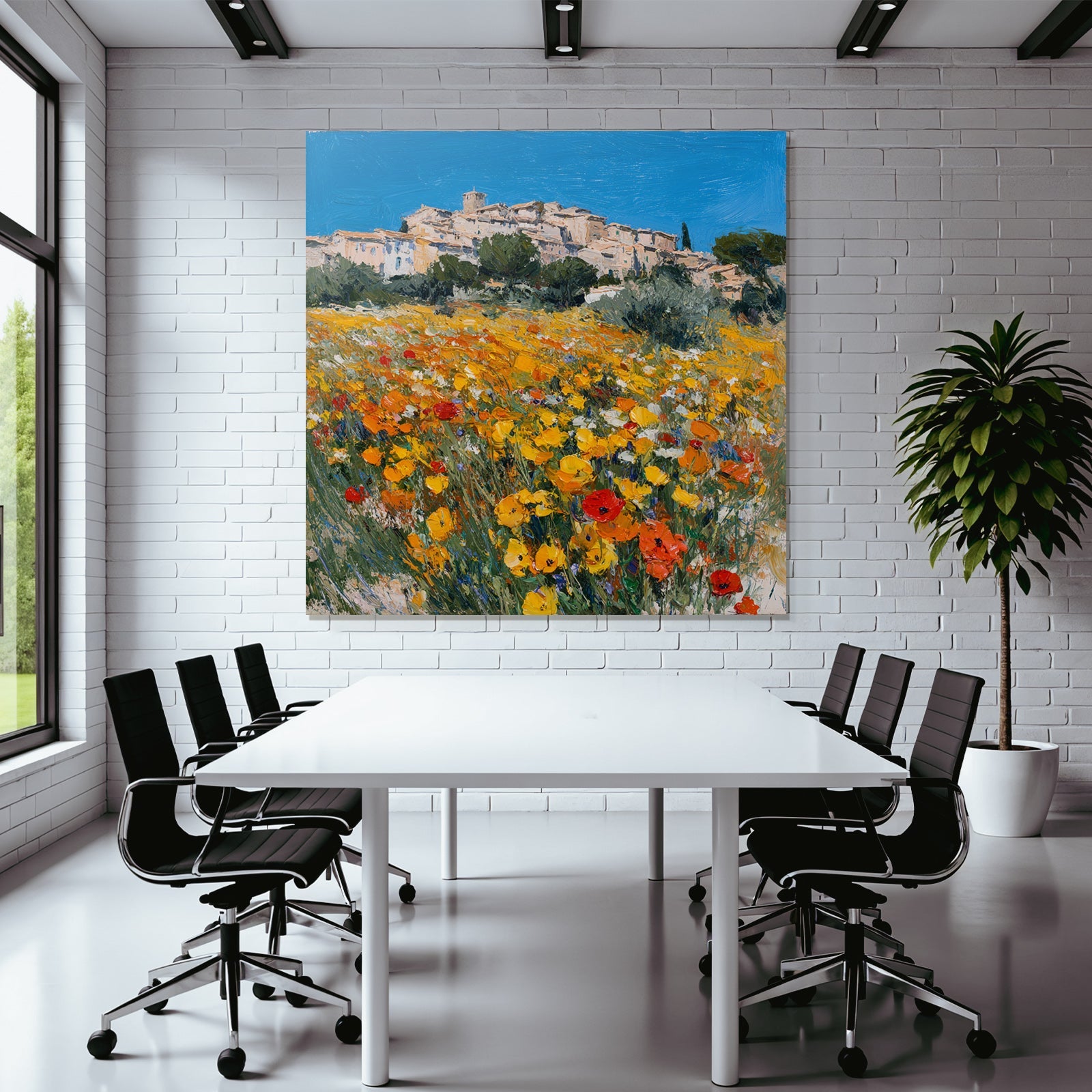 Lebendige Landschaft Impressionistische Malerei Blumen Wiese Dorf Himmel